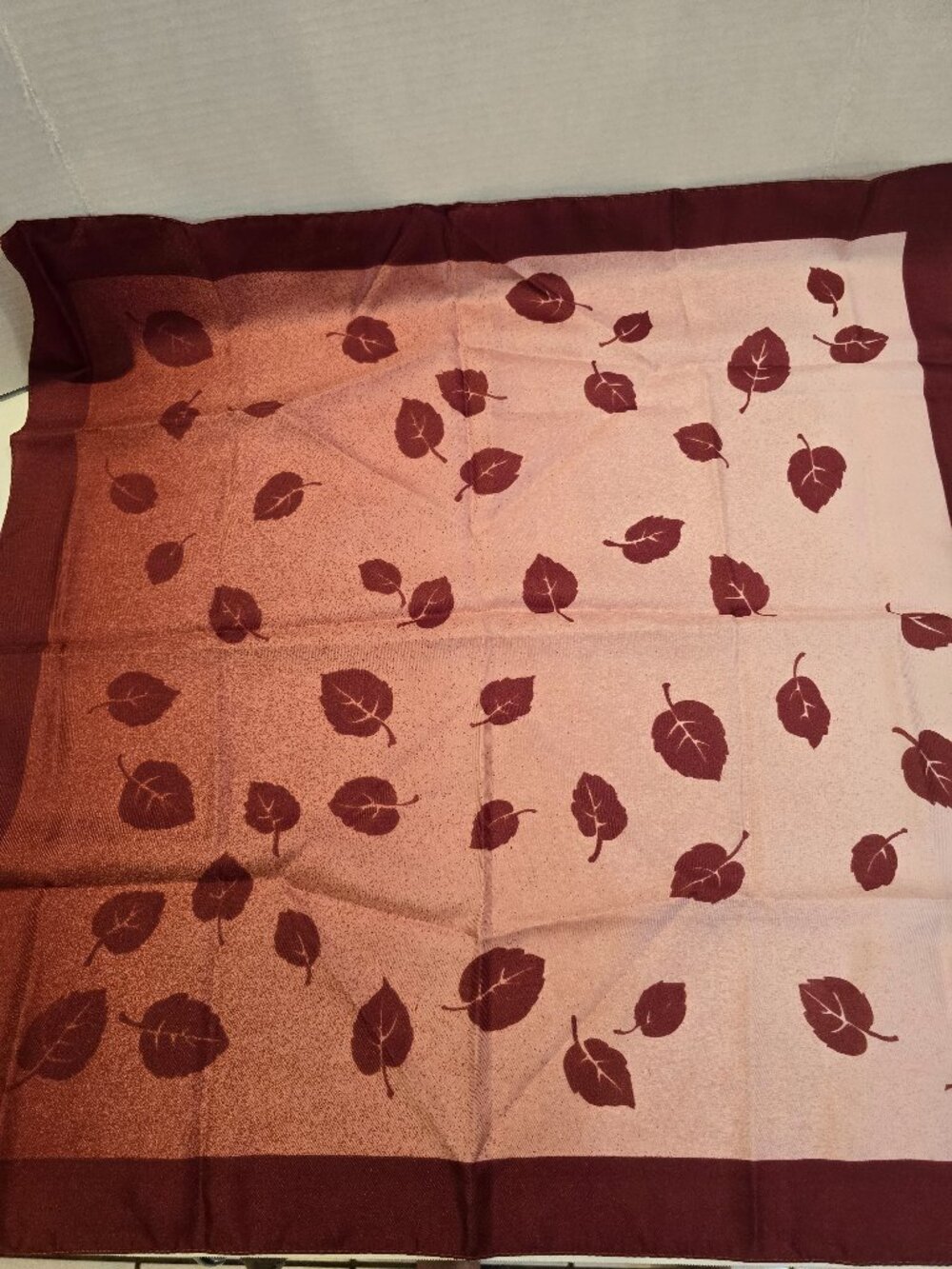 Scarf Square Dark Red Leaf Motif Peach-to-Burgandy Bkgrd Italy Lightweight 1980s